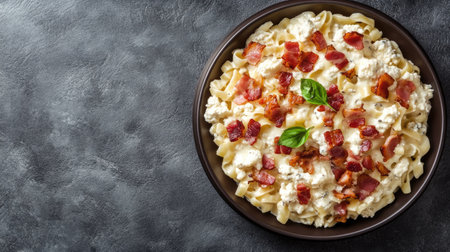 A delightful creamy pasta dish topped with crispy bacon and fresh basil, perfect for any meal. This image evokes comfort and culinary satisfaction.の素材