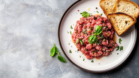 A vibrant presentation of fresh beef tartare garnished with basil leaves and served with toasted bread. Ideal for food lovers and dining enthusiasts.の素材