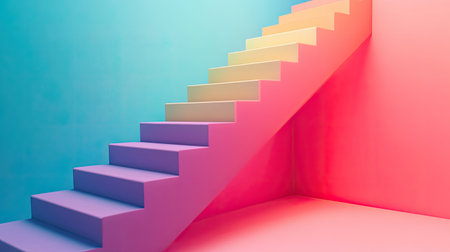 A vibrant and artistic staircase set against a gradient wall. This minimalist design showcases an interplay of pastel colors, creating a modern and playful ambiance. Perfect for creative projects.の素材