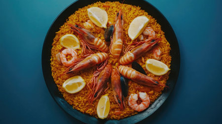 An enticing seafood paella featuring shrimp, lemons, and vibrant rice, perfect for a gourmet dinner or festive gathering, showcasing Mediterranean culinary tradition.の素材