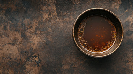 A close-up view of dark brown liquid in a bowl, set against a rustic textured background. The image captures the essence of warm beverages in a cozy atmosphere.の素材