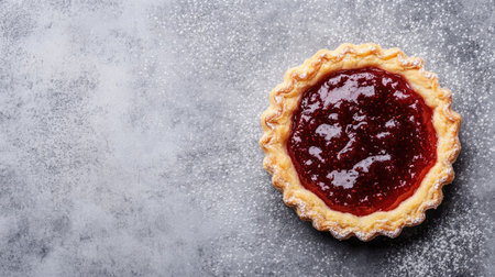 A beautifully crafted berry tart showcasing a glossy jam filling sits elegantly on a gray surface, perfect for dessert lovers and culinary enthusiasts alike.の素材