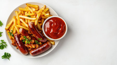 A mouthwatering dish featuring juicy sausages, crispy fries, and a rich tomato sauce. Perfect for casual dining and sharing with friends.の素材