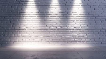 A bright and clean gray brick wall illuminated by three lights, perfect for creating a modern and artistic atmosphere in various projects. Ideal for backgrounds.の素材