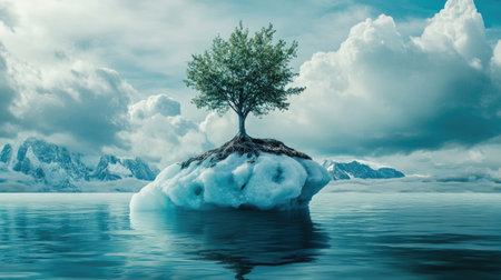A solitary tree grows atop a small iceberg, surrounded by calm water and dramatic clouds. This striking scene embodies tranquility and the beauty of nature.の素材