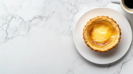 A delectable creamy custard tart served on a white plate next to a cup of fresh coffee, set against a stylish marble background, perfect for breakfast or brunch.の素材