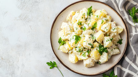 A delightful creamy potato salad garnished with fresh herbs, perfect for picnics and gatherings. The vibrant presentation makes it an appealing dish for any table.の素材