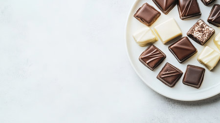 A beautiful assortment of chocolate confections arranged elegantly on a white plate. Perfect for dessert lovers and celebrations, these treats evoke indulgence and happiness.の素材