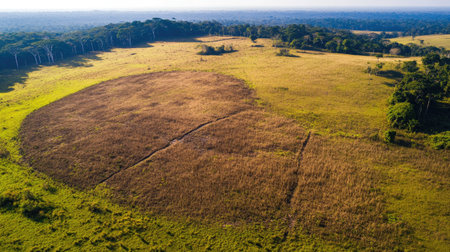 A stunning aerial view captures the vastness of a grassland bordered by lush forests, showcasing the beauty of nature and tranquility in the rural landscape.の素材