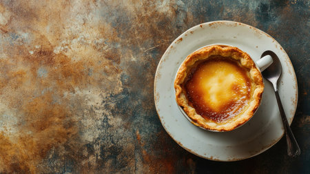 A creamy custard tart in a white bowl rests on a rustic wooden table. This delicious dessert showcases golden crust and rich filling, perfect for any occasion.の素材