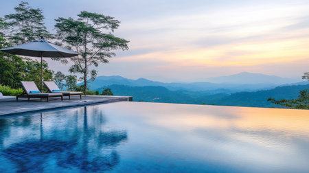 Breathtaking infinity pool offers stunning mountain views at sunset. The tranquil setting creates a relaxing atmosphere, perfect for leisure and wellness.の素材