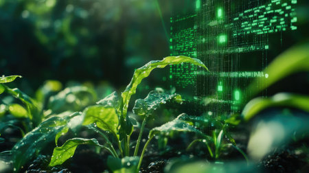Close-up view of green plants with a digital data overlay, illustrating the intersection of agriculture and technology in modern farming practices.の素材