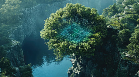 A stunning digital art depicting a lush tree with a circuit pattern, merging nature and technology. The serene landscape reflects harmony between environment and innovation.の素材
