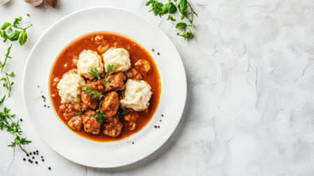 Indulge in this savory chicken dish served with fluffy dumplings, garnished with fresh herbs. Perfect for a cozy dinner or special occasion, this meal is full of flavor.の素材