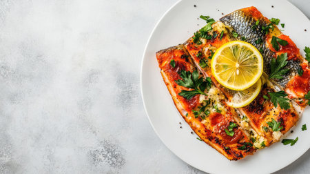 A beautifully presented grilled fish dish garnished with fresh herbs and slices of lemon. This vibrant meal highlights healthy eating and culinary art.の素材