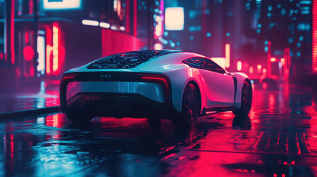 A stunning futuristic car stands vibrantly lit by neon signs in a rainy urban setting, showcasing modern design and technology under a captivating, colorful atmosphere.の素材
