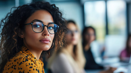 A young woman with curly hair and glasses looks back with a confident expression in a modern meeting space, reflecting the essence of teamwork and collaboration.の素材