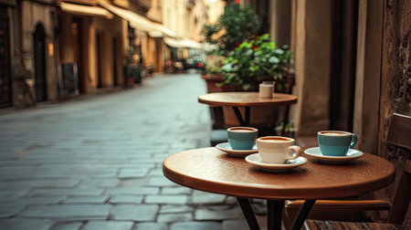Enjoy a tranquil cafe scene featuring three colorful cups of coffee on a wooden table. This charming alley invites relaxation and leisure in an urban setting.の素材