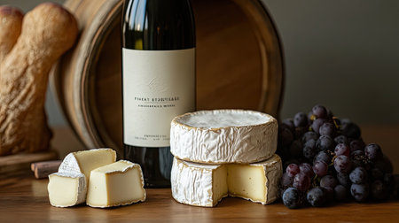 A beautiful arrangement featuring artisanal cheeses paired with a bottle of wine and fresh grapes, perfect for gourmet tastings and elegant gatherings.の素材