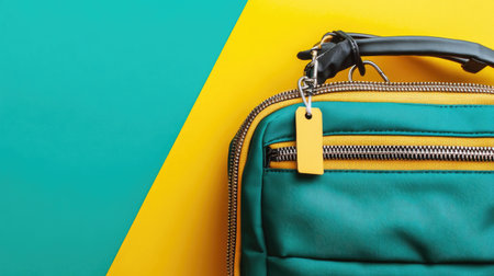 A vibrant green bag showcased on a bright yellow background, highlighting its stylish design and unique tag detail. Perfect for travel and fashion contexts.の素材