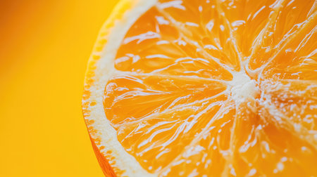 A closeup of a bright orange slice showcasing its juicy texture against a vibrant yellow background, highlighting freshness and natural beauty in food photography.の素材