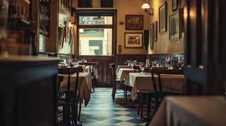 A charming interior of a cozy Italian restaurant showcasing elegantly set tables, inviting ambiance, warm lighting, and vintage decor, perfect for a delightful dining experience.の素材
