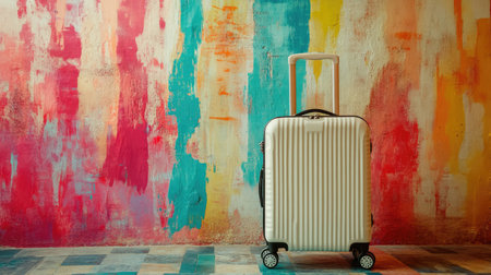 A sleek suitcase stands against a vibrant, colorful wall, perfect for travel enthusiasts. This image captures adventure, creativity, and modern travel aesthetics.の素材