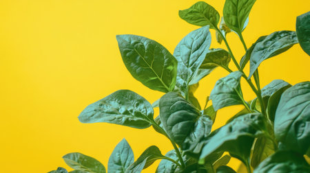 A stunning close-up of fresh green leaves on a bright yellow background, perfect for illustrating themes of nature, vitality, and freshness in design.の素材