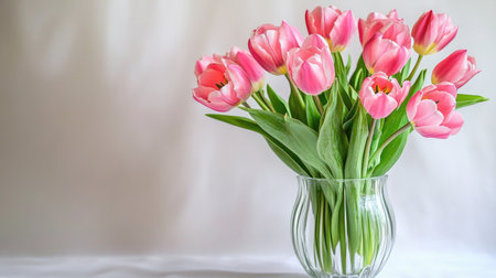 A charming arrangement of pink tulips in a clear glass vase, set against a soft neutral background, ideal for adding a touch of elegance to any space.の素材
