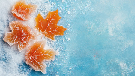 Delight in the vibrant hues of maple leaf gummies set against a cool blue background, sprinkled with sugar crystals for an artistic touch. Perfect for autumn-themed treats!の素材