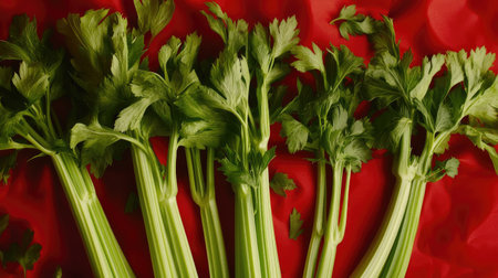 Fresh celery stalks with vibrant green leaves are showcased against a bold red background, perfect for culinary creativity and healthy dishes.の素材