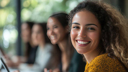 A joyful woman smiles at the camera in a vibrant workspace while engaging with friends in a collaborative environment. The image exudes happiness and connection.の素材