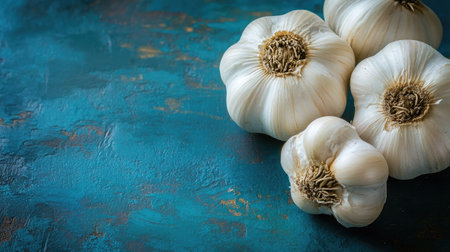 Close-up of fresh white garlic bulbs arranged beautifully on a textured blue background. Ideal for culinary content, food blogs, and health articles.の素材