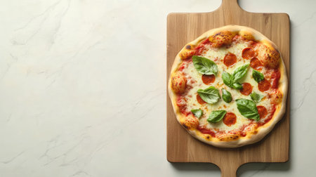 A vibrant and mouth-watering pepperoni pizza topped with fresh basil leaves, elegantly placed on a wooden board, perfect for food lovers.の素材