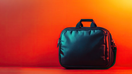 A sleek black travel bag rests on a vibrant orange background, showcasing its stylish design and practical features, ideal for modern lifestyles and travel needs.の素材