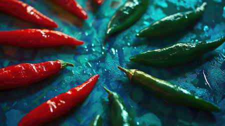 A stunning arrangement of bright red and green chili peppers on a textured background. Perfect for illustrating freshness, flavor, and culinary creativity.の素材
