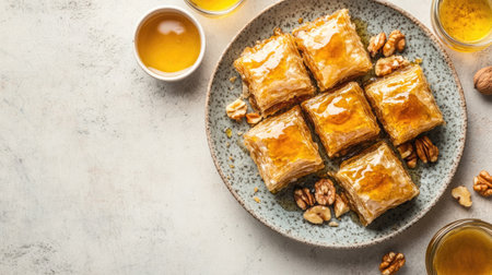 Indulge in this beautifully arranged baklava, showcasing layers of flaky pastry topped with honey and nuts, perfect for any festive occasion or sweet craving.の素材