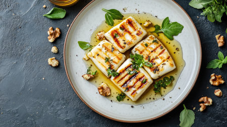 Enjoy a delightful plate featuring grilled cheese squares, drizzled with aromatic olive oil and garnished with fresh herbs, perfect for any culinary occasion.の素材