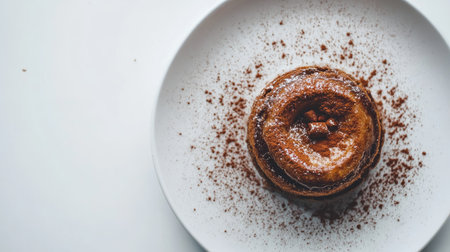 A delectable chocolate dessert sits on a white plate, beautifully dusted with cocoa powder. This gourmet treat is perfect for any celebration or indulgent moment.の素材
