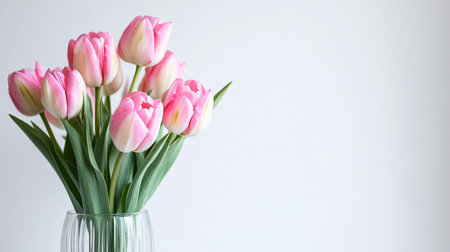 A beautiful arrangement of fresh pink tulips in a clear vase on a light background, perfect for adding a touch of spring beauty to any space.の素材
