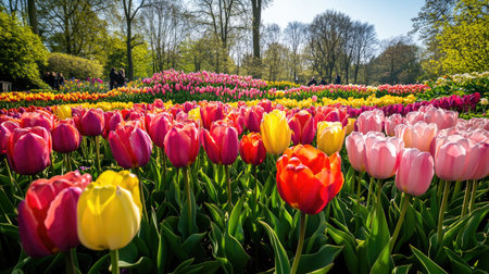 Explore a stunning garden filled with colorful tulips under bright sunshine. This vibrant landscape showcases the beauty of spring flowers in full bloom, ideal for nature lovers.の素材
