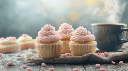 Indulge in a serene moment with delicious pink frosted cupcakes paired with warm coffee, set on a rustic wooden table adorned with pastel decorations.の素材