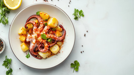 A gourmet dish featuring grilled octopus served with potatoes, lemon, and spices. Ideal for food enthusiasts seeking elegant culinary presentation.の素材