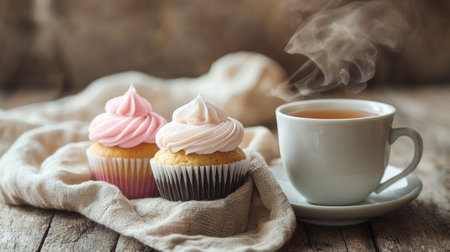 A delightful scene featuring two pink-frosted cupcakes beside a steaming cup of tea on a rustic wooden table. Perfect for food lovers and cozy moments.の素材