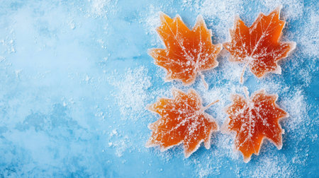 Vibrant maple leaf-shaped gummies sit on a frosty blue surface, bringing a playful and colorful touch to any festive occasion or seasonal celebration.の素材