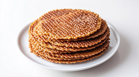 A tempting stack of crispy waffles sits on a white plate, perfect for any dessert table or snack craving. Enjoy the delicate layers and golden color.の素材