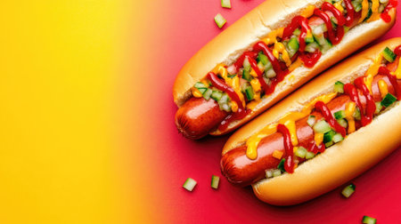 Enjoy a colorful visual of fresh hot dogs topped with ketchup, mustard, and relish, set against a vibrant background perfect for food lovers and summer gatherings.の素材