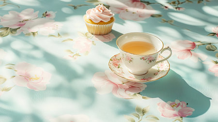 A serene composition featuring a delicate porcelain cup of tea beside a cupcake on a floral-patterned table. Soft light and shadows create a warm, inviting atmosphere.の素材