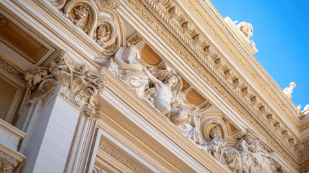 Explore the exquisite architectural details of a historic building facade. Marvel at the intricate sculptures and ornamental designs against a brilliant blue sky.の素材