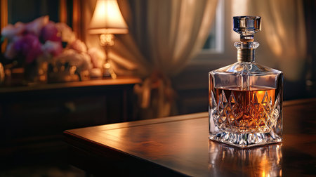 A beautifully crafted glass decanter filled with amber liquid sits elegantly on a wooden table, exuding warmth and sophistication, perfect for any stylish setting.の素材